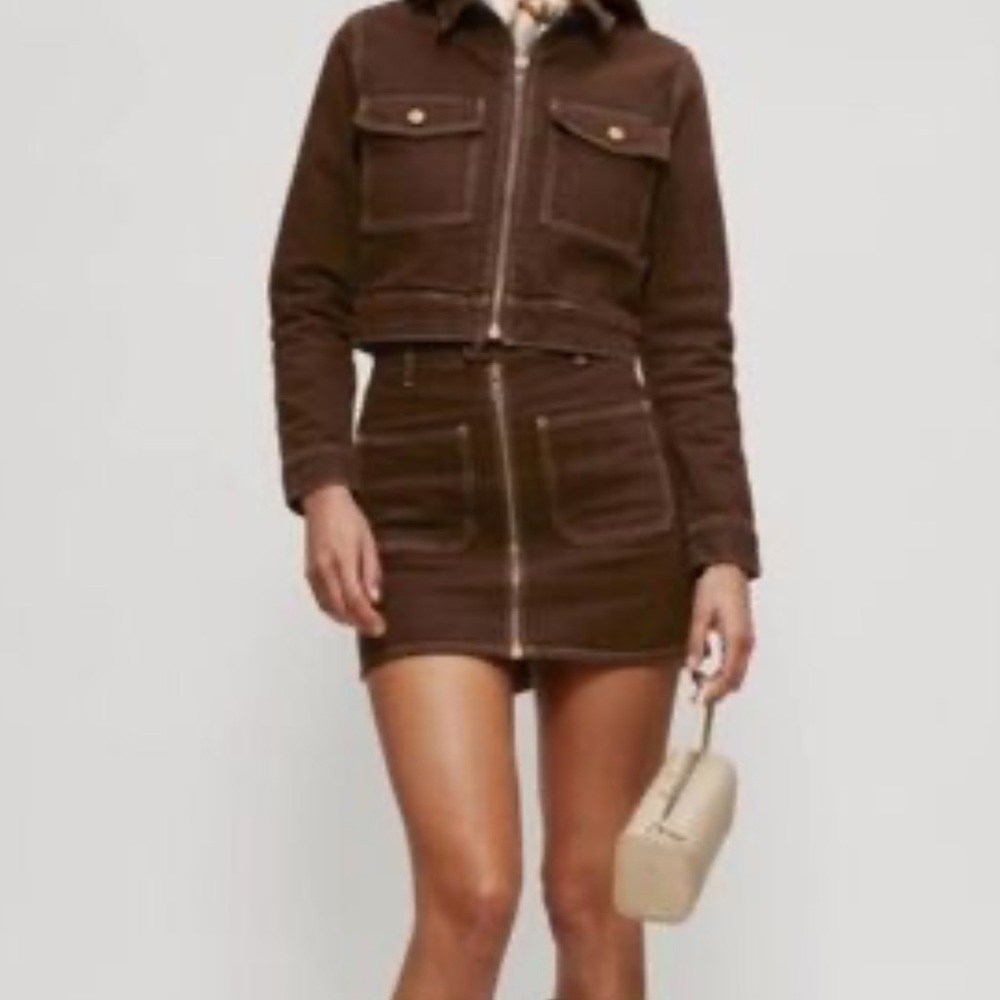Reformation Chocolate Jean Jacket and Mini Denim Skirt Set